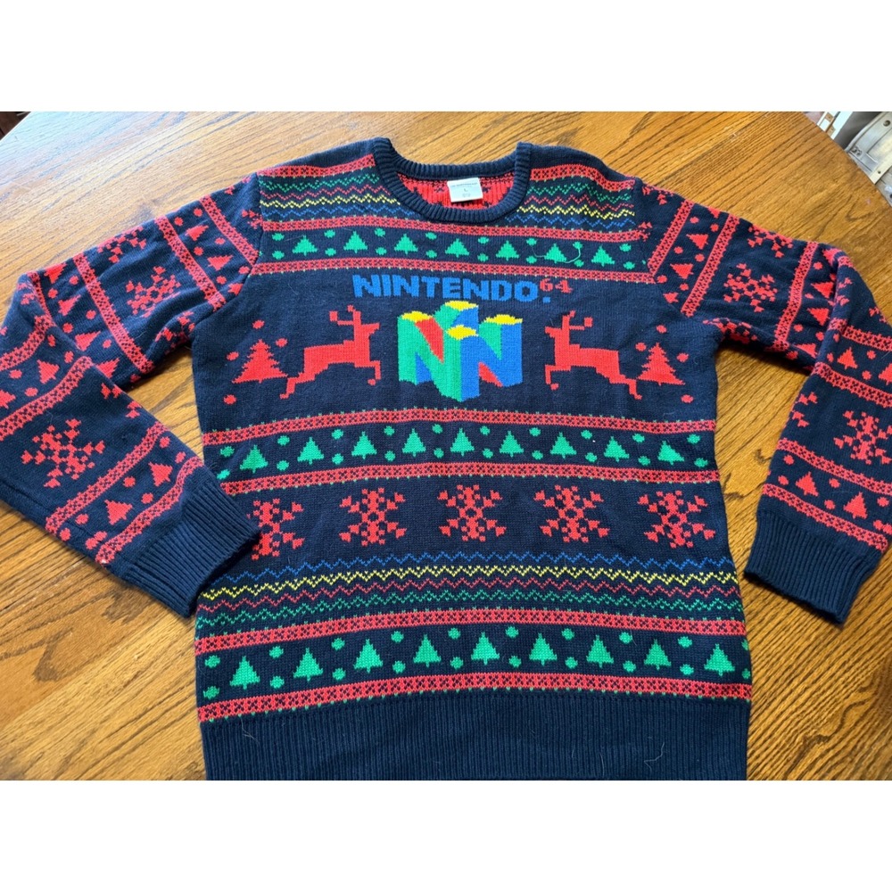 Nintendo 64 Ugly Christmas Sweater Mens Large Navy Blue Retro N64 Gaming Knit